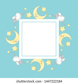 Cute square frame template with yellow stars, flying sheep, smiling moon and copy space. Blue background. Cartoon style illustration. Vector.