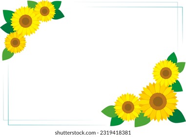 Cute square frame with thin blue lines and sunflowers