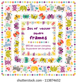 Cute square frames with baby icons for your design. EPS 8 vector contains Illustrator art brush for your design