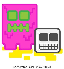 Cute Square Halloween Purple Slime Monster with Skull Head Flat Design Cartoon for Shirt, Poster, Gift Card, Cover or Logo