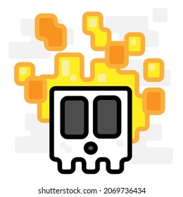 Cute Square Halloween Skull Head on Fire Flat Design Cartoon for Shirt, Poster, Gift Card, Cover or Logo