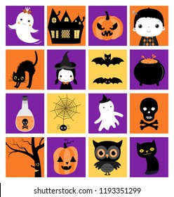 Cute square Halloween vector icons in flat style in orange, purple and black colors for graphic design