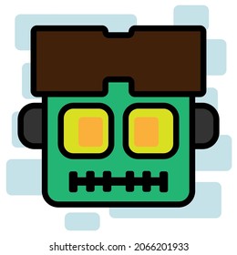 Cute Square Halloween Zombie Head Flat Design Cartoon for Shirt, Poster, Gift Card, Cover or Logo
