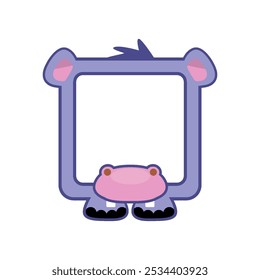 Quadrado quadrangular bonito Hippo. Avatar de desenhos animados para jogos de interface. Moldura de animal vazio para a decoração, impressão ou adesivos de seus filhos