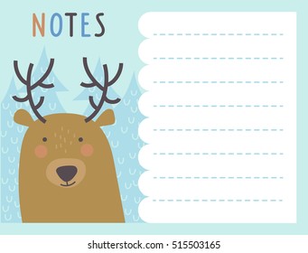 Cute square notes card, sticker with winter vector illustrations. 
Holidays winter, Christmas cartoon template design.
Winter poster with a deer.
Note paper with character deer for holiday background.