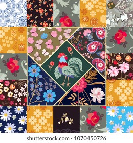 Cute square patchwork pattern with beautiful rooster, butterflies, paisley and various flowers in country style. Quilt, blanket, greeting or invitation card.
