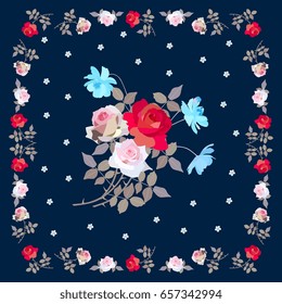 Cute square pattern with bouquet of roses and cosmos flowers on dark blue background and floral frame.  Cushion, napkin, tablecloth.