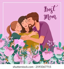 Cute square postcard of mom, daughter, dad and text. . Vector illustration