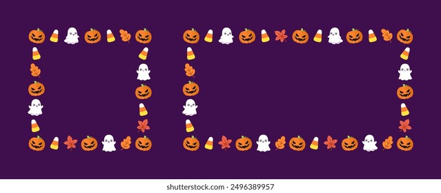 Cute Square and Rectangle Halloween frame template set. Halloween border with ghost, jack o lantern, pumpkins, candy corn. Social media banner vector illustration collection