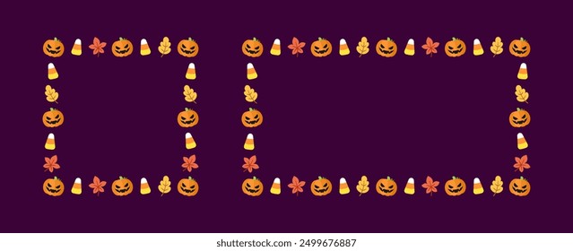 Cute Square and Rectangle Halloween frame template set. Halloween border with jack o lantern, pumpkins, candy corn. Social media banner vector illustration collection