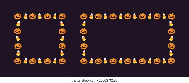 Cute Square and Rectangle Halloween frame template set. Halloween border with jack o lantern, pumpkins, candy corn. Social media banner vector illustration collection