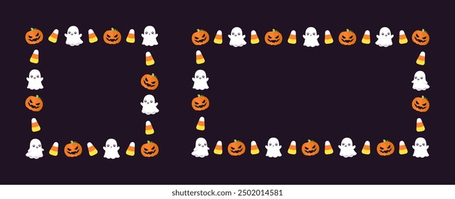 Cute Square and Rectangle Halloween frame template set. Halloween border with ghost, jack o lantern, pumpkins, candy corn. Social media banner vector illustration collection