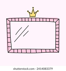 Cute square vector mirror in pink color. Whimsical vintage hand drawn frames, crowns and swirls, decorative border.