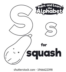 Cute squash, ready to be colored and waiting grammar lesson for alphabet learning of letter S.