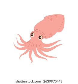 Cute squid with big eyes. Fun pink sea animal illustration, perfect for kids’ designs, nursery prints, or educational materials.