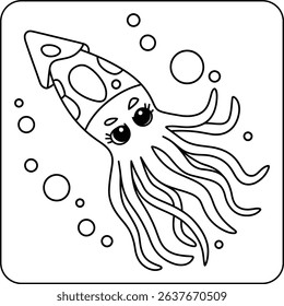 Cute Squid with Bubbles Coloring Page