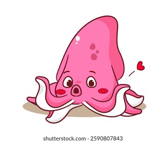 Cute squid cartoon character. Adorable kawaii animals concept design. Mascot Logo vector illustration.