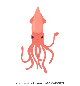 Cute squid character with adorable face and tentacles, saltwater sea or ocean creature vector illustration