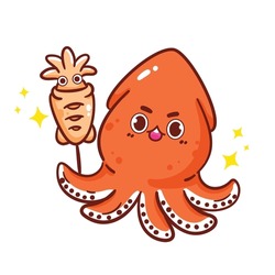 Cute Squid Character Seafood Restaurant Logo Hand Draw Vector Illustration