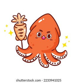 Cute squid character seafood restaurant logo hand draw vector illustration