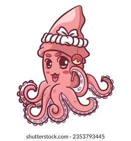 Cute squid character seafood restaurant logo hand draw vector illustration