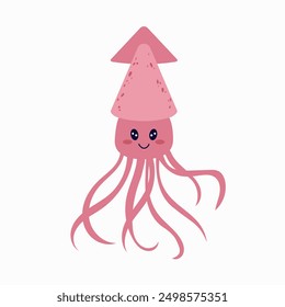 Cute squid for children background. Under the sea, water animal character, ocean fauna. Flat vector design.