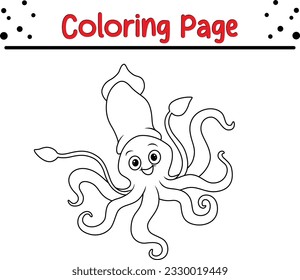 Cute Squid Coloring Page Isolated for Kids. sea animal coloring book