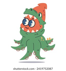 Cute squid in dinosaur costume vector cartoon character illustration isolated on a white background.