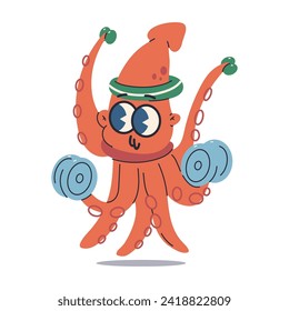 Cute squid with dumbbells doing fitness exercise vector cartoon character illustration isolated on a white background.