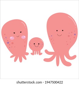 Cute Squid Family Animal Flat Cartoon Character Vector Template Design Illustration