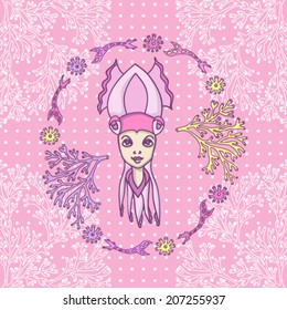 Cute Squid girl colorful childish card with corals, flowers, and sea plants pattern ocean background
