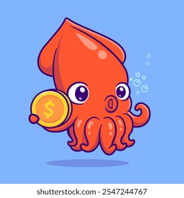 Cute Squid Holding Gold Coin Cartoon Vector Icon Illustration. 
Animal Finance Icon Concept Isolated Premium Vector. Flat 
Cartoon Style