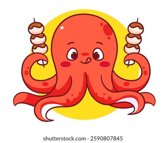 Cute squid holding takoyaki cartoon character. Adorable kawaii animals concept design. Mascot Restaurant Logo vector illustration.