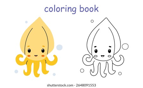 Ilustração de lula bonito para um livro de colorir com um personagem sorridente em cores vibrantes adequadas para crianças