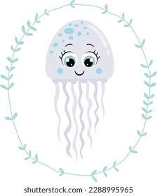 Cute squid inside an oval leaves border
