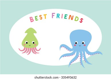 cute squid and octopus best friends