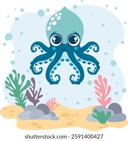 Cute squid on a sea background. Postcard, sticker. Children's educational material