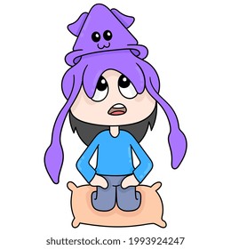 süßer Tintenfisch ist auf einem sitzenden menschlichen Kopf, Vektorgrafik. doodle Symbol-Bild kawaii.