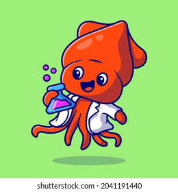 Cute Squid Scientist Holding Tube Laboratory Cartoon Vector Icon Illustration. Animal Science Icon Concept Isolated Premium Vector. Flat Cartoon Style