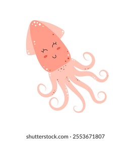 Cute squid. Sea and ocean animal. Vector illustration isolated on white background