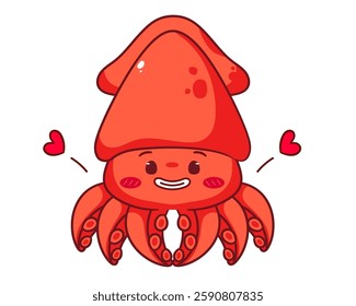 Cute squid smiling cartoon character. Adorable kawaii animals concept design. Mascot Logo vector illustration.