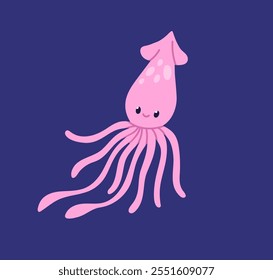 Cute squid with smiling face. Happy funny adorable marine underwater animal with tentacles. Friendly kawaii sea character floating, swimming in tropical undersea. Flat vector illustration