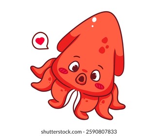 Cute squid swimming cartoon character. Adorable kawaii animals concept design. Mascot Logo vector illustration.