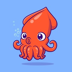 Cute Squid Swimming Cartoon Vector Icon Illustration. Animal Nature Icon Concept Isolated Premium Vector. Flat Cartoon Style