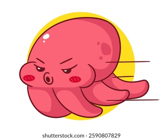 Cute squid swimming fast cartoon character. Adorable kawaii animals concept design. Mascot Logo vector illustration.