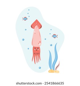 Cute squid swims in the sea underwater. Poster with squid on white background. Character in children's style. Vector illustration.