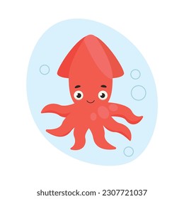 Cute squid swims in the water. Sea life. Vector graphic.