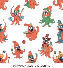 Cute squid vector cartoon seamless pattern background for wallpaper, wrapping, packing, and backdrop.