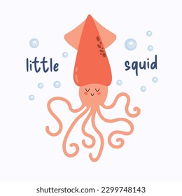 Cute squid. Vector illustration of a funny squid. Sea animal. Children's illustration in cartoon style. Little squid.