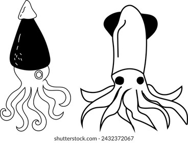 Cute Squid Vector Lineart - Monochrome Aquatic Creature